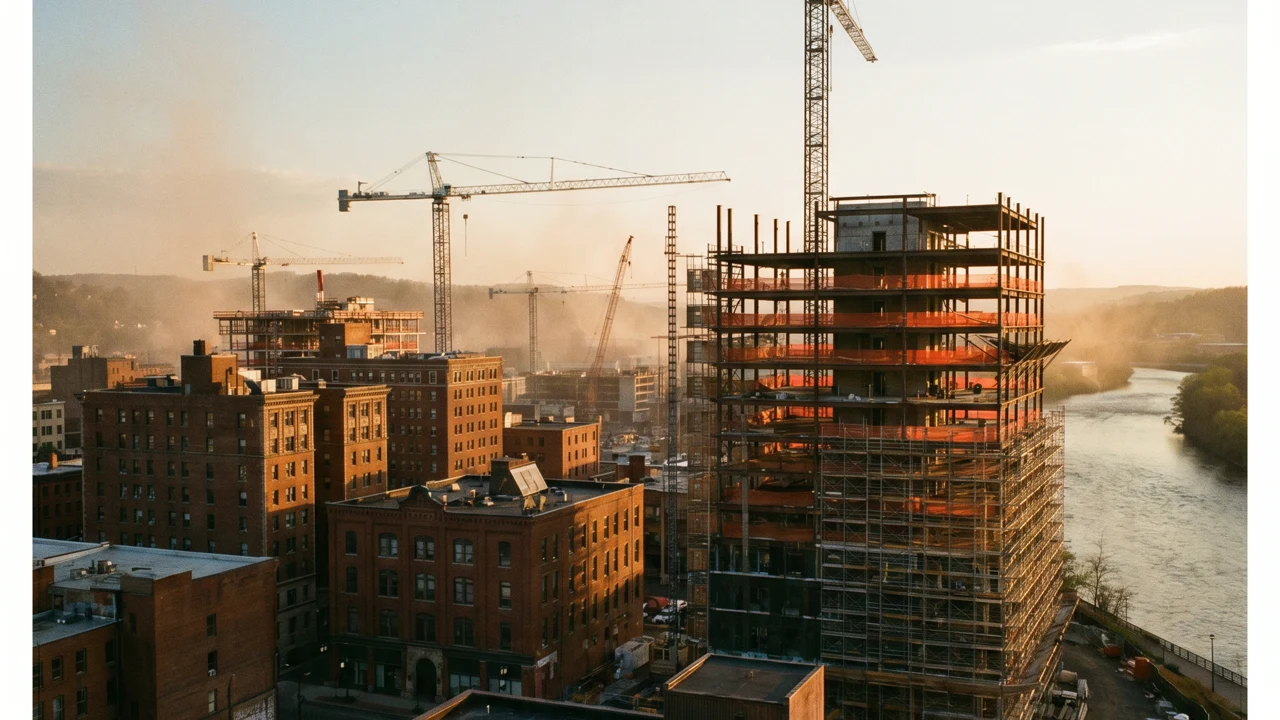 Downtown Binghamton, NY skyline at golden hour with multiple construction cranes and a partially-completed steel-frame building, Susquehanna River visible.