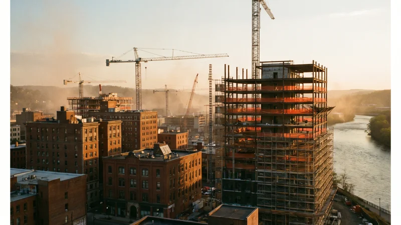Downtown Binghamton, NY skyline at golden hour with multiple construction cranes and a partially-completed steel-frame building, Susquehanna River visible.