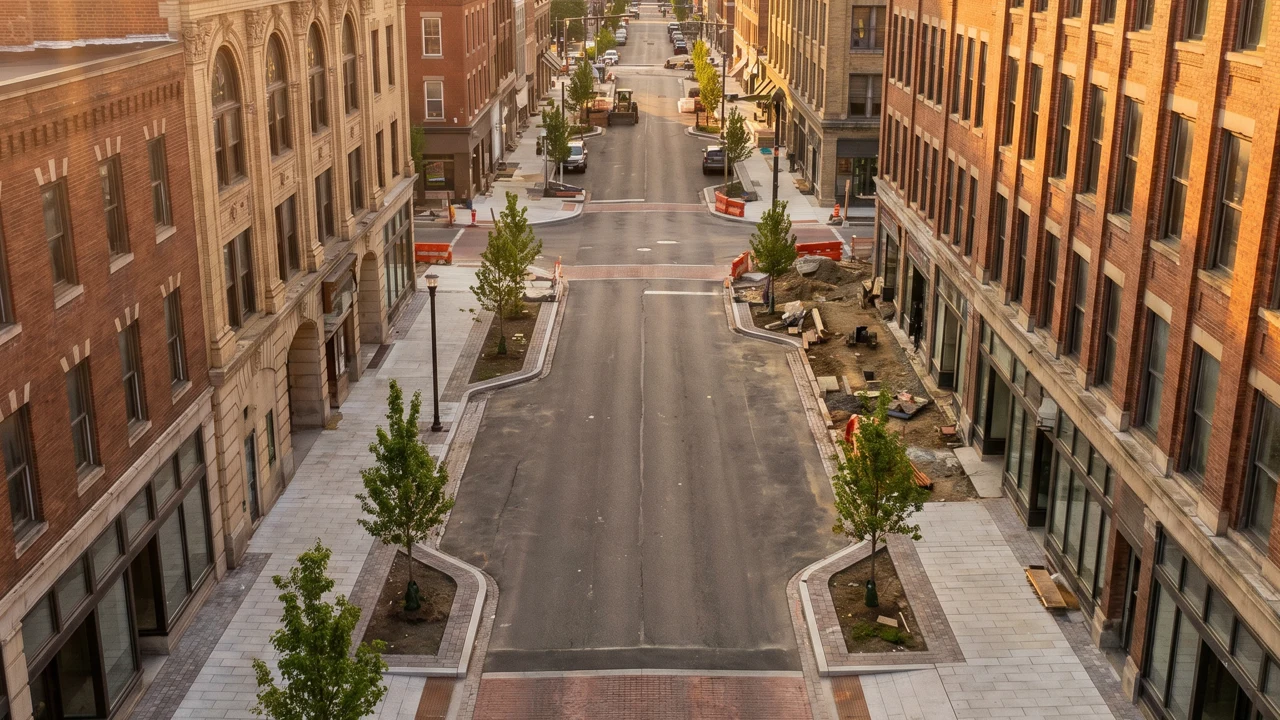 Aerial view of Henry Street and Washington Street in downtown Binghamton, NY at golden hour.