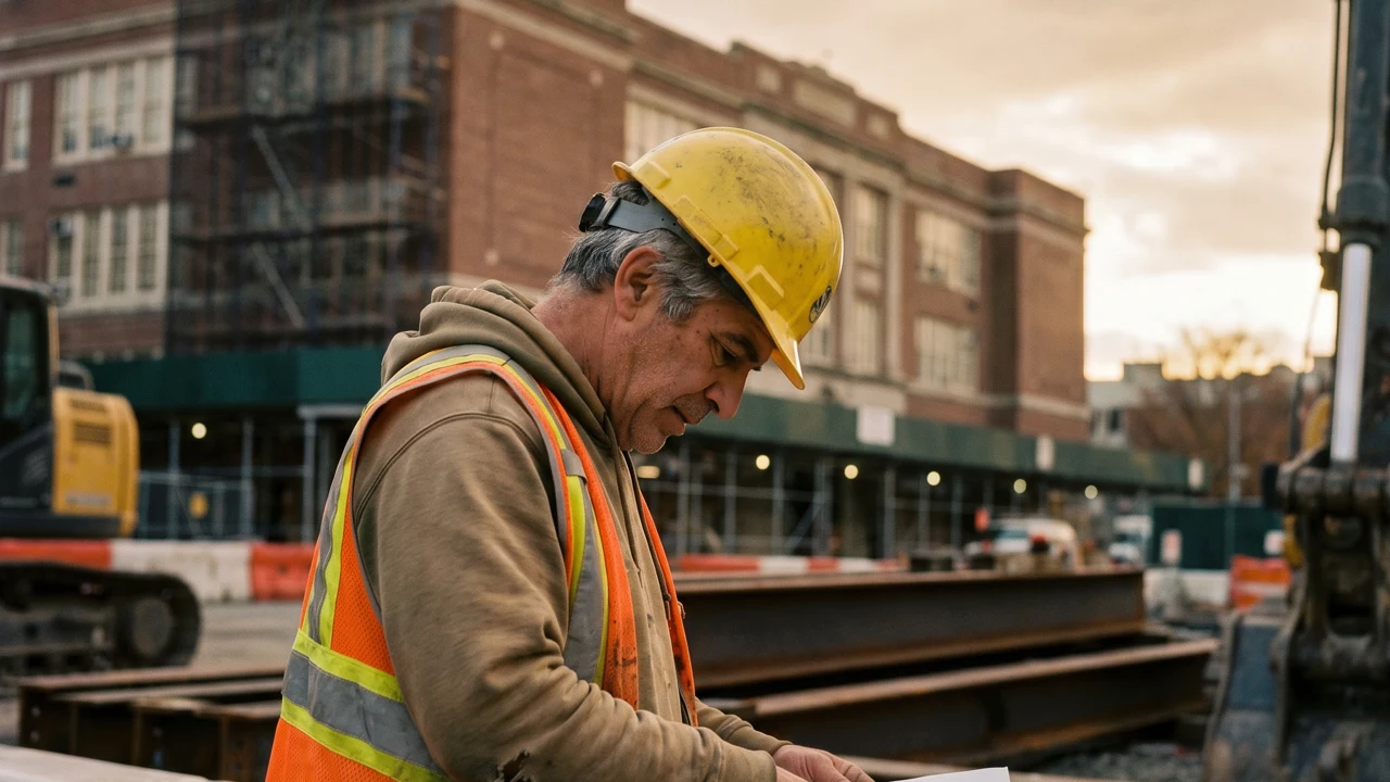 Construction worker on a New York public works job site reviewing certified payroll documents.