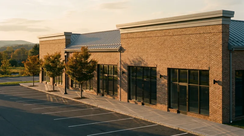 Contemporary commercial new-build with brick, dark-framed storefront windows, and standing-seam metal roof at golden hour