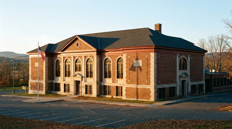 Brick early-20th-century institutional school building exterior with restored roof and limestone trim