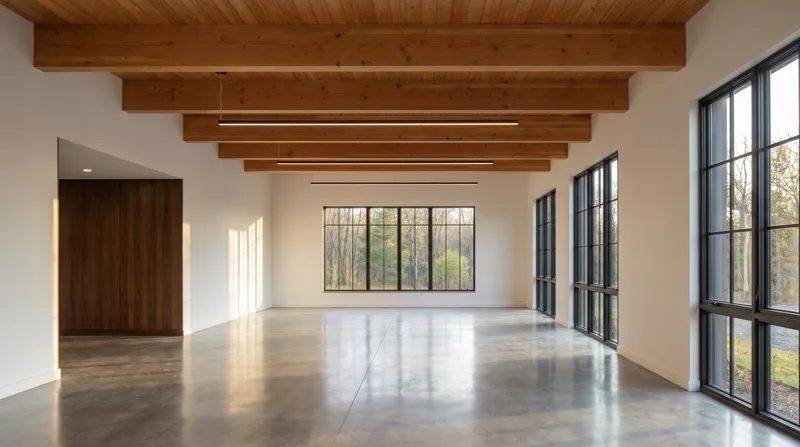 Recently-completed contemporary commercial interior with polished concrete, exposed wood beam ceiling, and large dark-framed industrial windows